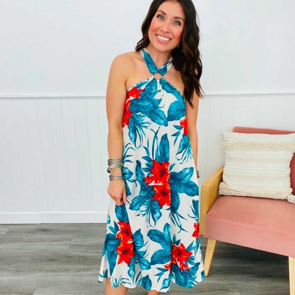 Tropical Halter Dress with Red Floral Print